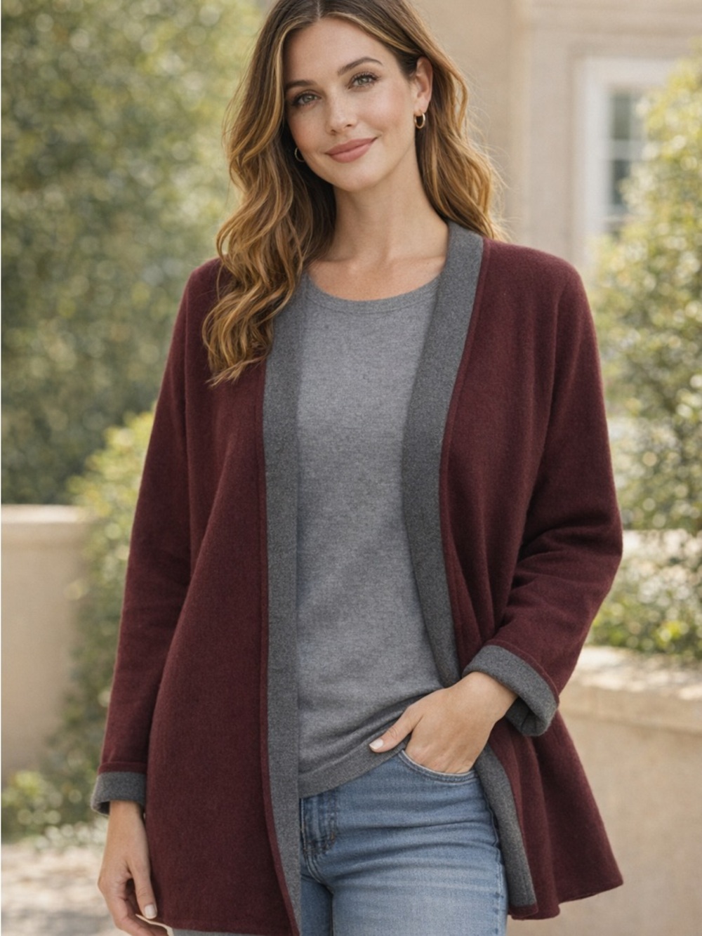 Ann Taylor Two-Tone Open-Front Cardigan in Burgundy and Gray